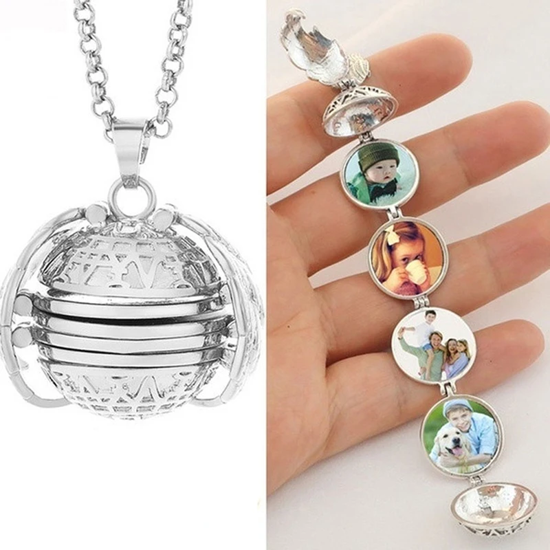 

Album Box Pendant Necklace Magic 4 Photo Pendant Memory Floating Locket Necklace Angel Wings Flash Box Necklace