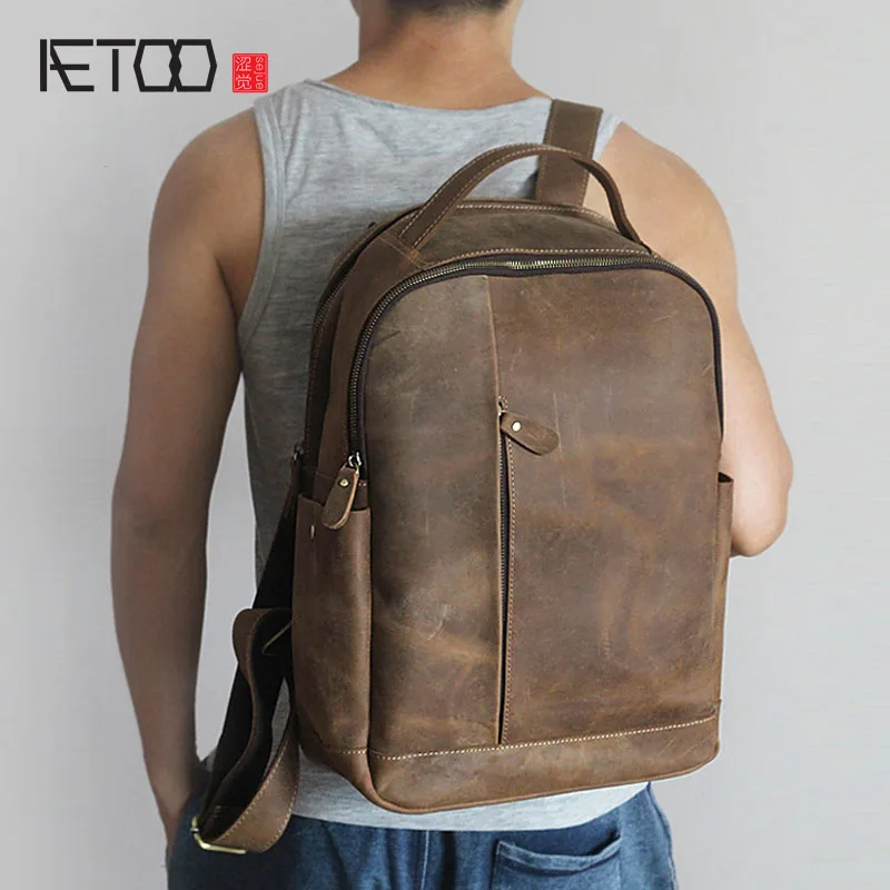 Retro Crazy Horse Leather backpack men real Leather Men's Shoulder Bag