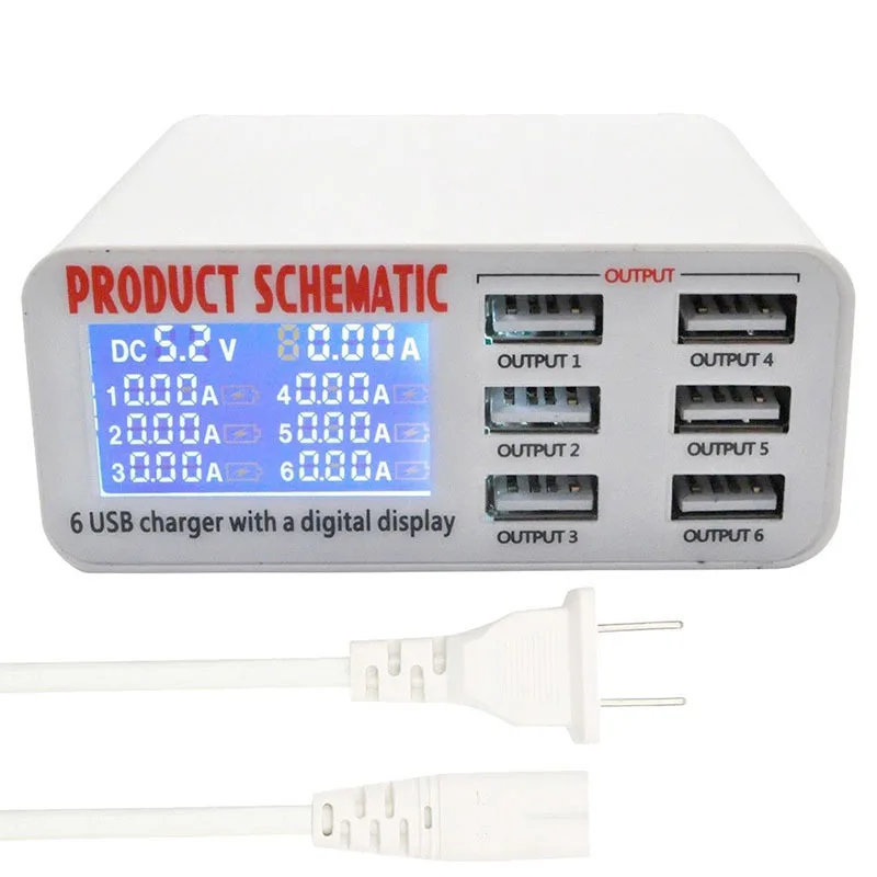 

6 Ports USB Charger Travel Charger LCD Digital Display Smart Charging Station Multi-Port USB Charging EU/US/UK Plug