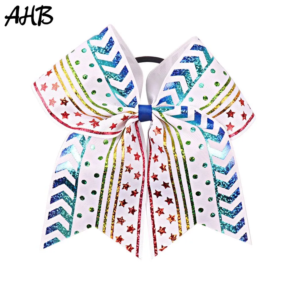 

AHB 7" Large Cheerleading Hair Bows for Girls Cheer Bows with Hair Rubber Band Handmade Printed Bow Knot Kids Hair Accessories