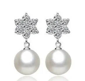 

2015 new arrival free shipping fashion round pearl zircon stone women 925 sterling silver earrings jewelry wholesaler