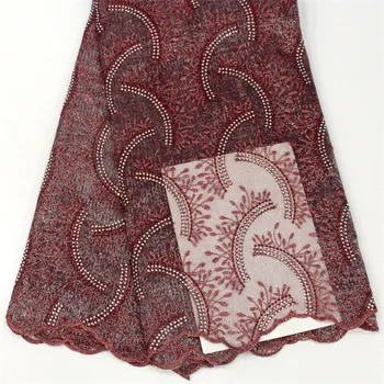 

New Coming African French Laces Fabrics Nigeria High Quality Tulle French Wine Embroidery Net Lace Fabric with Stones X1445