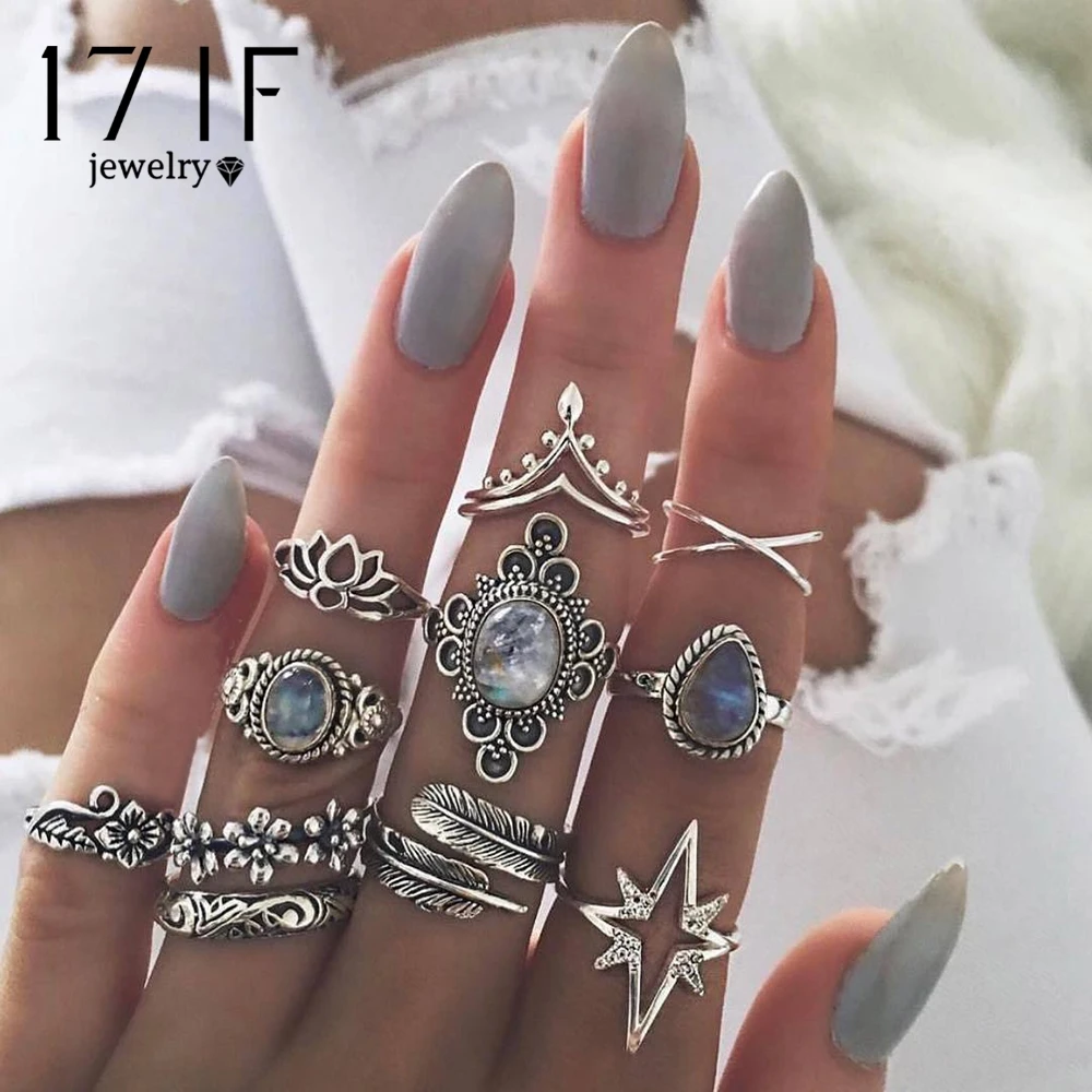 

17IF 11PCS/Set Vintage Carving Flower Rings Set Mixed Crystal Midi Butterfly Ring Antique Silver Color Anillos Statement Jewelry