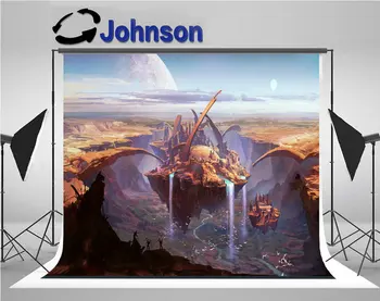 

Futuristic Science Fiction Floating Land Alien Building Waterfall backdrops Vinyl cloth Computer print wall background