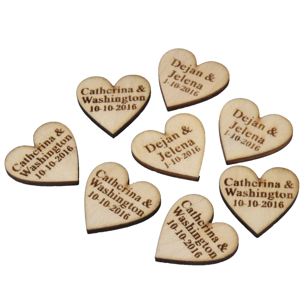 Wooden Wedding Table Cards 60 Pieces Personalized Engraved Wood Hangs Love Heart Centerpieces Wedding Table Decoration Favors Candy Tags