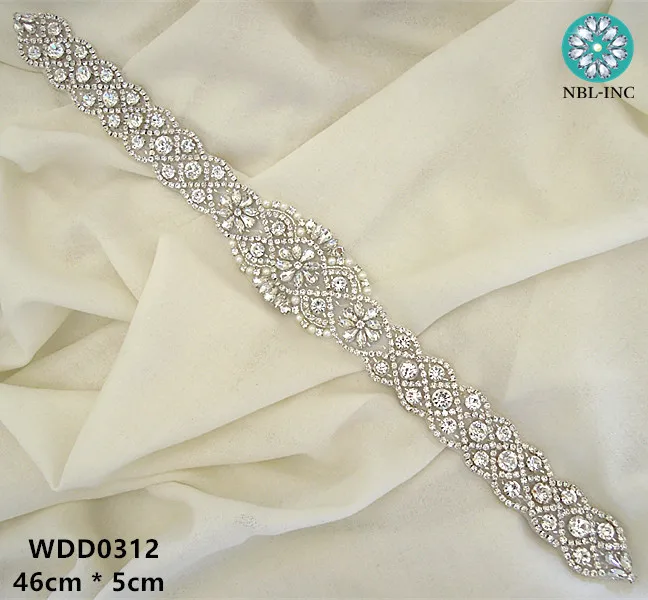 PROD 32605950406 (30pcs)Wholesale hand beaded sewing bridal sash iron
on silver rhinestone crystal appliques for wedding dresses sash WDD0312