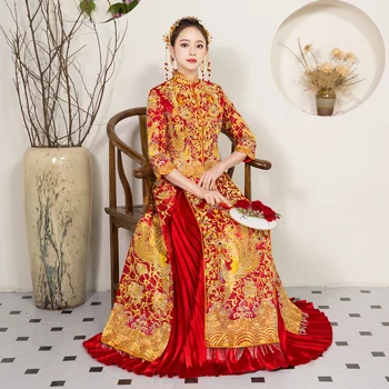 

Dragon&Phoenix Oriental Women Wedding Dress Traditional Chinese Marriage Suit Rhinestone Cheongsam Red Long Qipao S M L XL