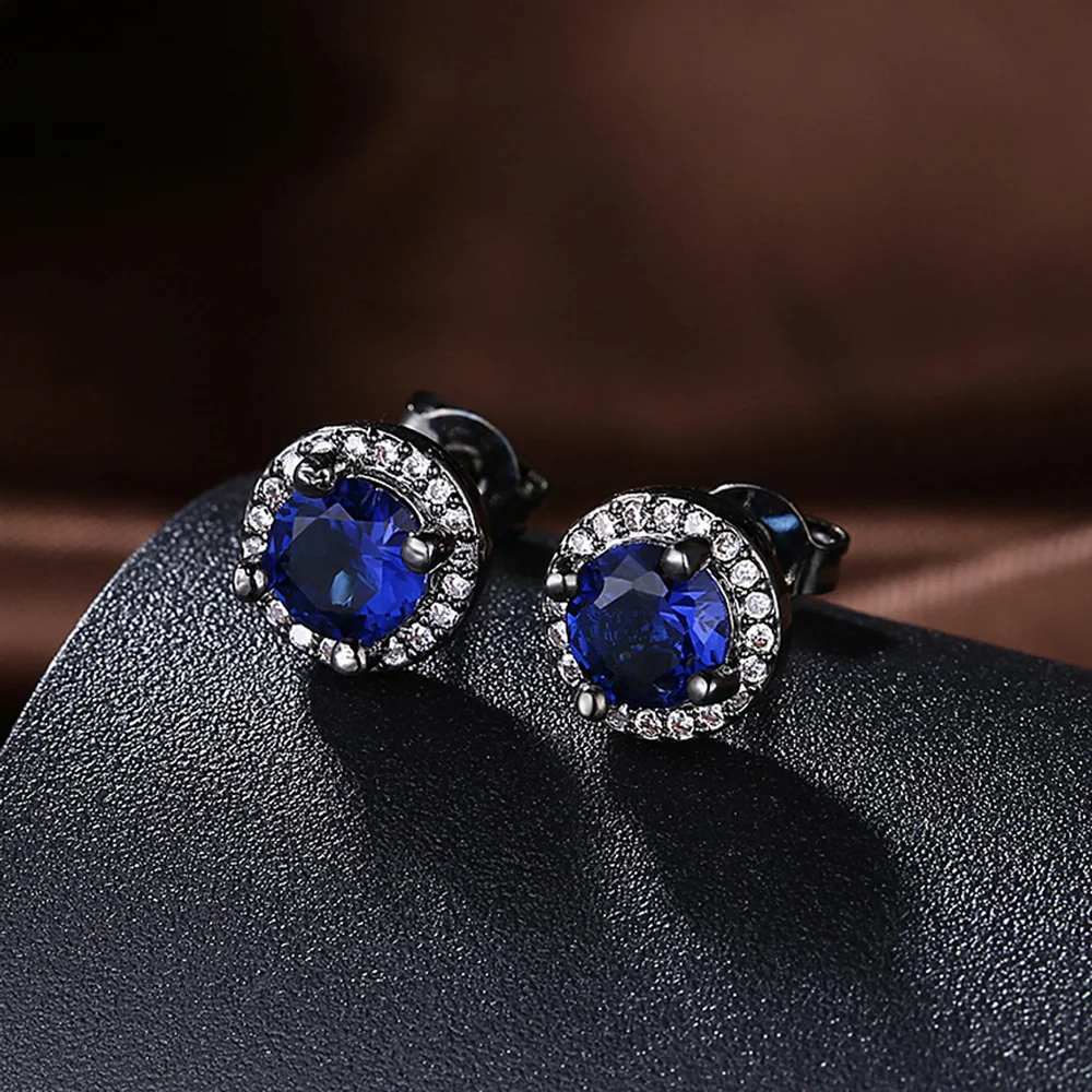 Round Blue Diamond Stud Earrings for Women Sapphire Black Color Fine Jewelry perola Kolczyki Orecchini Brincos Bizuteria Earring