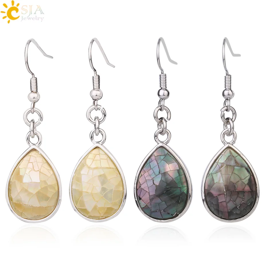 

CSJA Natural Abalone Shell Earrings Water Drop Shaped Dangle Earring Vacation Casual Style Ear Jewelry for Women Girls Gift F983