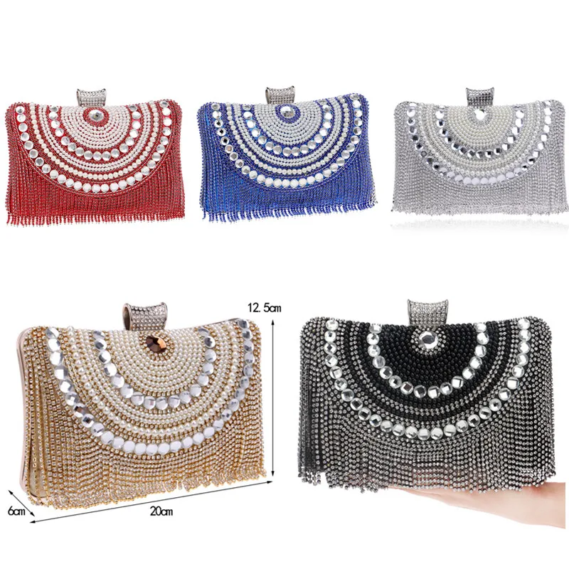  Rhinestones Tassel Clutch Diamonds Beaded Metal Evening Bags Chain Shoulder Messenger Purse Evening - 32520915550