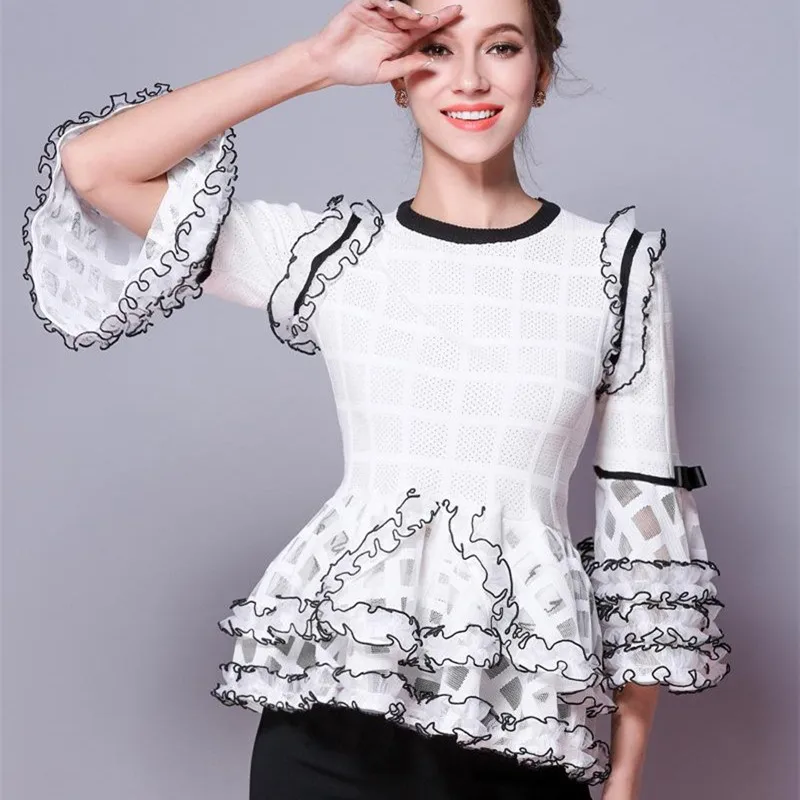 Trimestre Tops blanc Manches Noir Flare Trois Tricot De X155 Chandail Pulls O Nouveau Femme Évider Automne Femmes 2018 Cou Mode Ruche pVUMSz