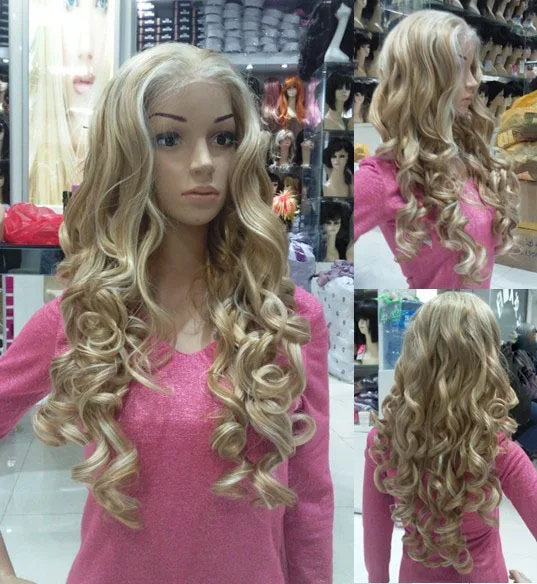 

Hot sale New 25inch Long wavy blonde with Highlights Lace Front Wig Wigs free shipping