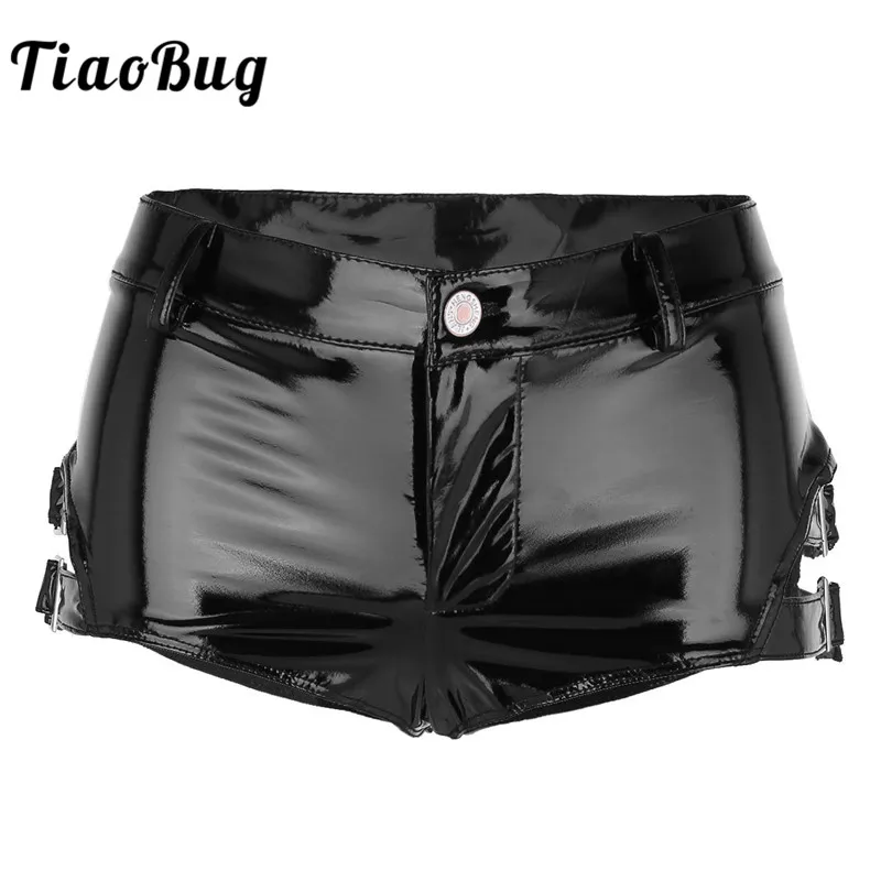 

TiaoBug Fashion Women Black Patent Leather Shorts Female Low Rise Nightclub Party Rave Sexy Stage Dance Mini Shorts with Buckles