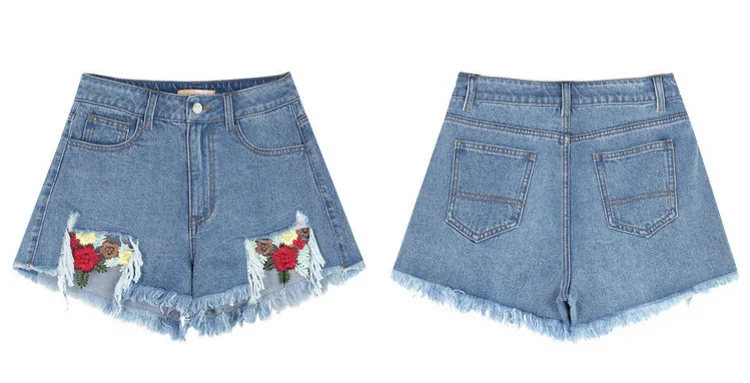Женские повседневные джинсовые шорты ELF SACK, синие хлопковые ковбойские свободные женские шорты со средней талией и с цветочной вышивкой, для весны и лета