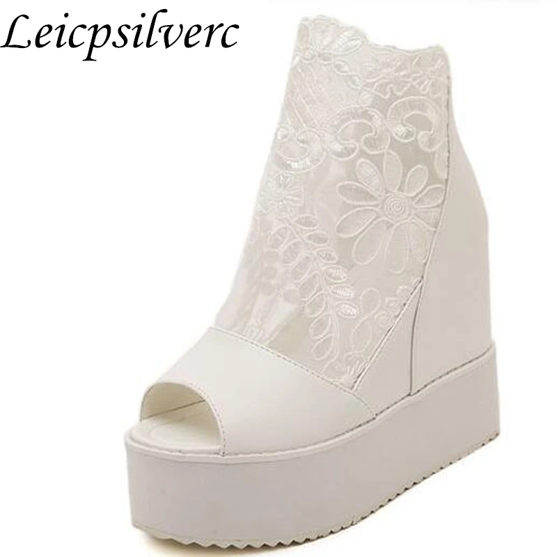 

Fashion Sweet Lace Roman Shoes Women Wedge Heels White Platform Pumps High Heels Sandals zapatos plataforma mujer encaje