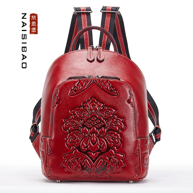 Chinese Style women genuine leather backpack name brand fashion pattern
