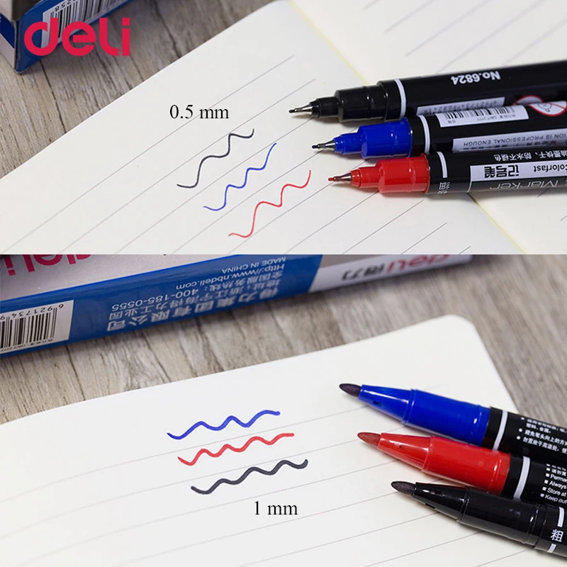 3PCS Deli 6824 Permanent Markers Dual Tip Pen 0.5mm/1mm Black Blue Red Water Proof Fast Dry Double Sided Permanent  Marker 4