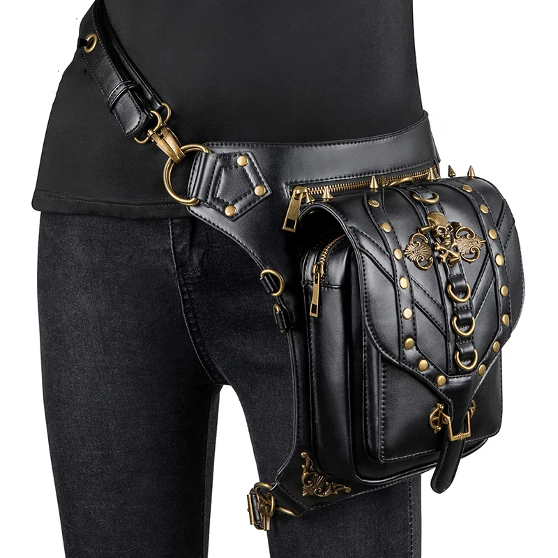 

Personality Waist Handbag Multifunction Steampunk Shoulder Bag Mobile Phone Messenger Bag Outdoor Sports Black Skull Head