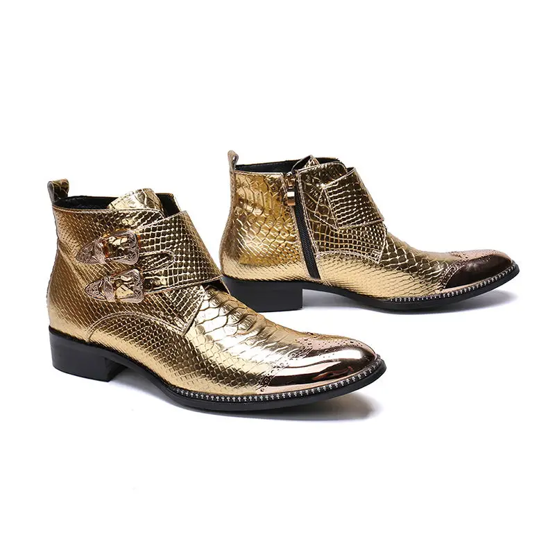 Talla Snakeskin Matel Patrón Beertola Hombre Nuevo Zapatos Decoración De Oro Cuero Hebilla Correa Cabeza Zip Brillante Hombres Los qffIPwp8