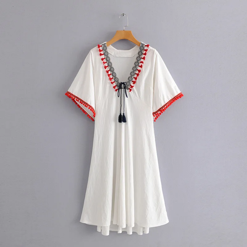 

2019 Women Summer Boho Sun Dress Chic Geometry Fringe Robes Female Loose Blend Cotton Beach Party Dresses