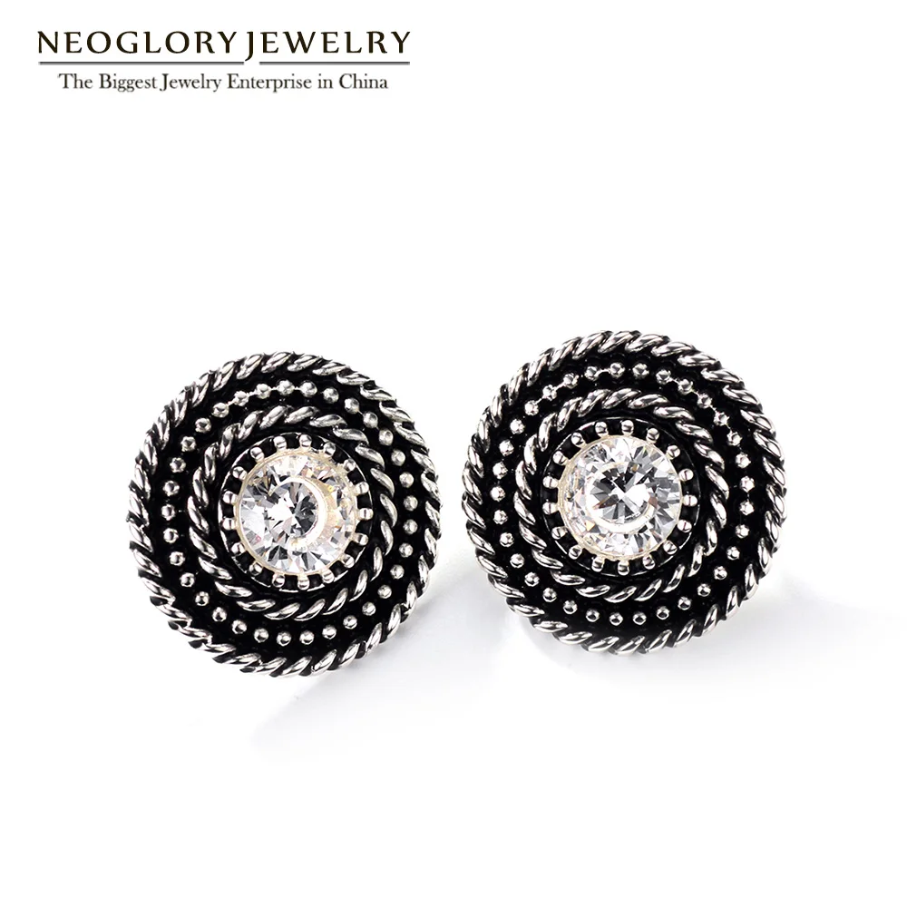 Neoglory Vintage Zircon Button Earrings For Women Silver Plated Black Round Jewelry Wholesale Twisted Rope Setting FA | Украшения и