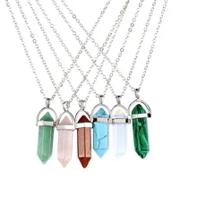 Hexagonal Column Silver Chain Necklace Women Natural Turquoise Agate Amethyst Stone Crystal Pendant Necklace Female Jewelry Gift yumten grey agate necklace female natural stone power crystal coin rainbow choker charm chain reiki women vintage jewelry men
