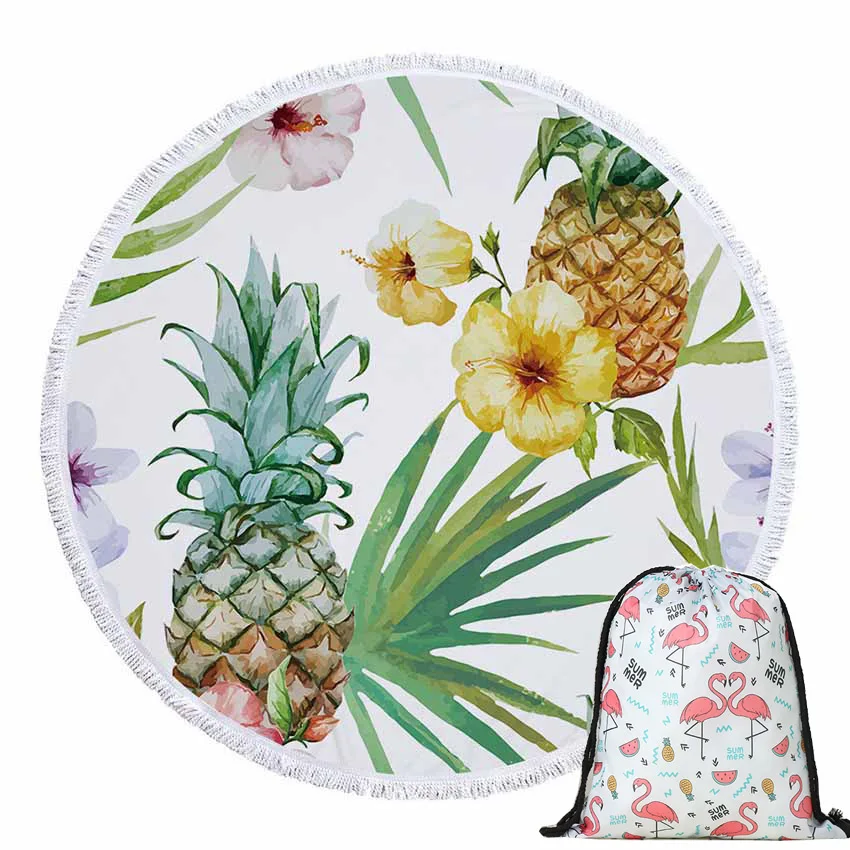 

Beach Towels Pineapple Summer Round Microfiber Shower Towels with Drawstring Backpack Bag Yoga Mat Blanket Towel with Tassels