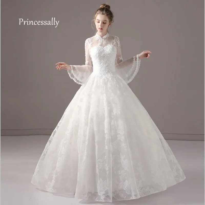 Us 608 20 Offnew Simple Wedding Dress Long Sleeve Bride Gown Lace Appliques Beadings High Neck Robe Pour Mariage Femme Vestido Boda Largo In