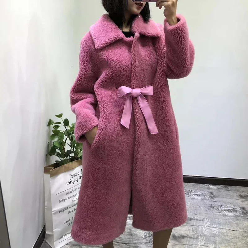 

Manteau femme hiver x-long coat winter women sheep fur clothes 2019 wool blends pink jacket with Sashes harajuku korean coats