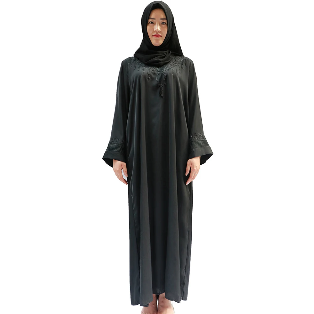 

Autumn Women Summer Loose Indie Folk Full Sleeve Solid Color V-Neck A-Line Dress Muslim Clothes