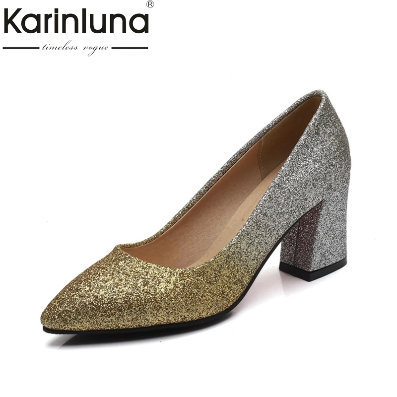

Karinluna 2018 Big Size 32-43 Spring Brand Shoes Women Sexy Square High Heels Pointed Toe Slip On Woman Pumps Shoes