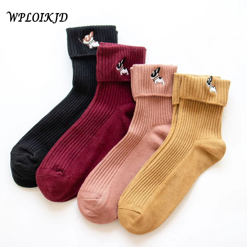 [WPLOIKJD]Harajuku милые вышивка носки с Мопсом теплая обувь животным Пёс из мультфильма