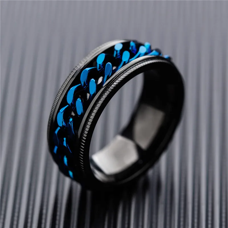 

ZORCVENS New Punk Vintage Black Stainless Steel Men Ring Rotatable Blue Chain Titanium Steel Wedding Ring for Men