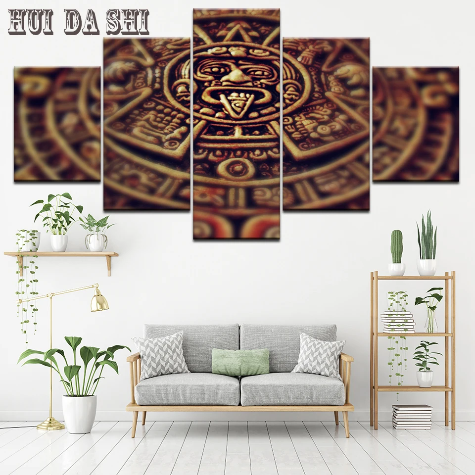 5 Panel Modular Framed Print Maya Clock Painting On Canvas Living Room