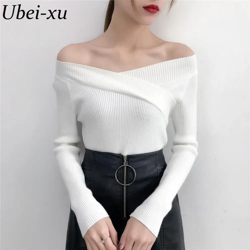 Ubei Core yarn sweater autumn /winter new Korean style fashion slash neck shoulder solid color slim bottom pullover Ubei Core yarn sweater autumn /winter new Korean style fashion slash neck shoulder solid color slim bottom pullover