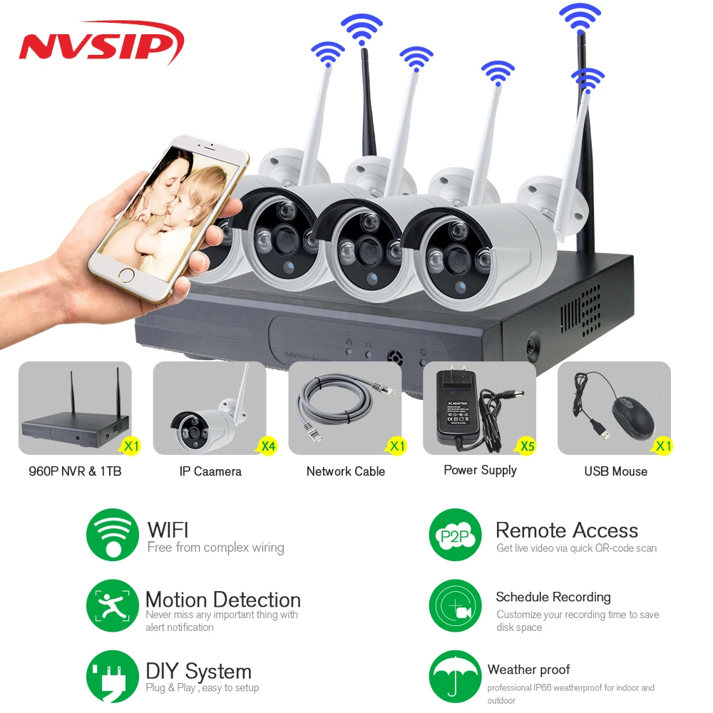 4 канала 960P HDMI NVR шт. 1 3 Мп ИК наружная погодозащищенная P2P CCTV Беспроводная IP камера