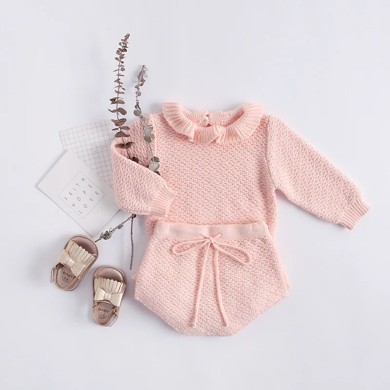 Ins Hot Knitted Sweater Long Sleeve Tops and Ruffles PP Pants 2pcs Sets Outfits Princess Pink Infant Newborn Girls Kids Clothing | Детская