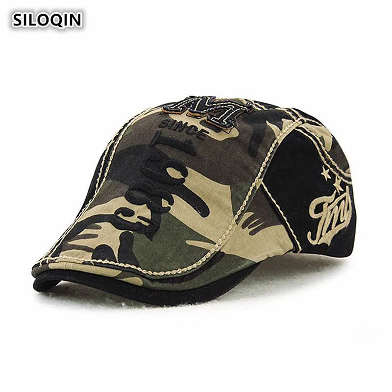 

SILOQIN Summer New Trend Men's Cotton Berets Letter Embroidery Splice Camouflage Tongue Cap Adjustable Wild Casual Travel Visor
