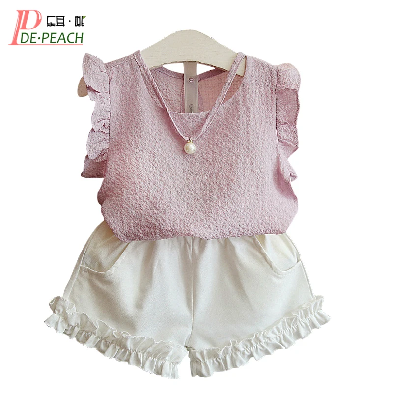 

DE PEACH Girl Clothes Casual Baby Girls Clothing Sets Solid Kid Chiffon T-Shirt+Cotton Short Clothes for girls Floral Girls Suit