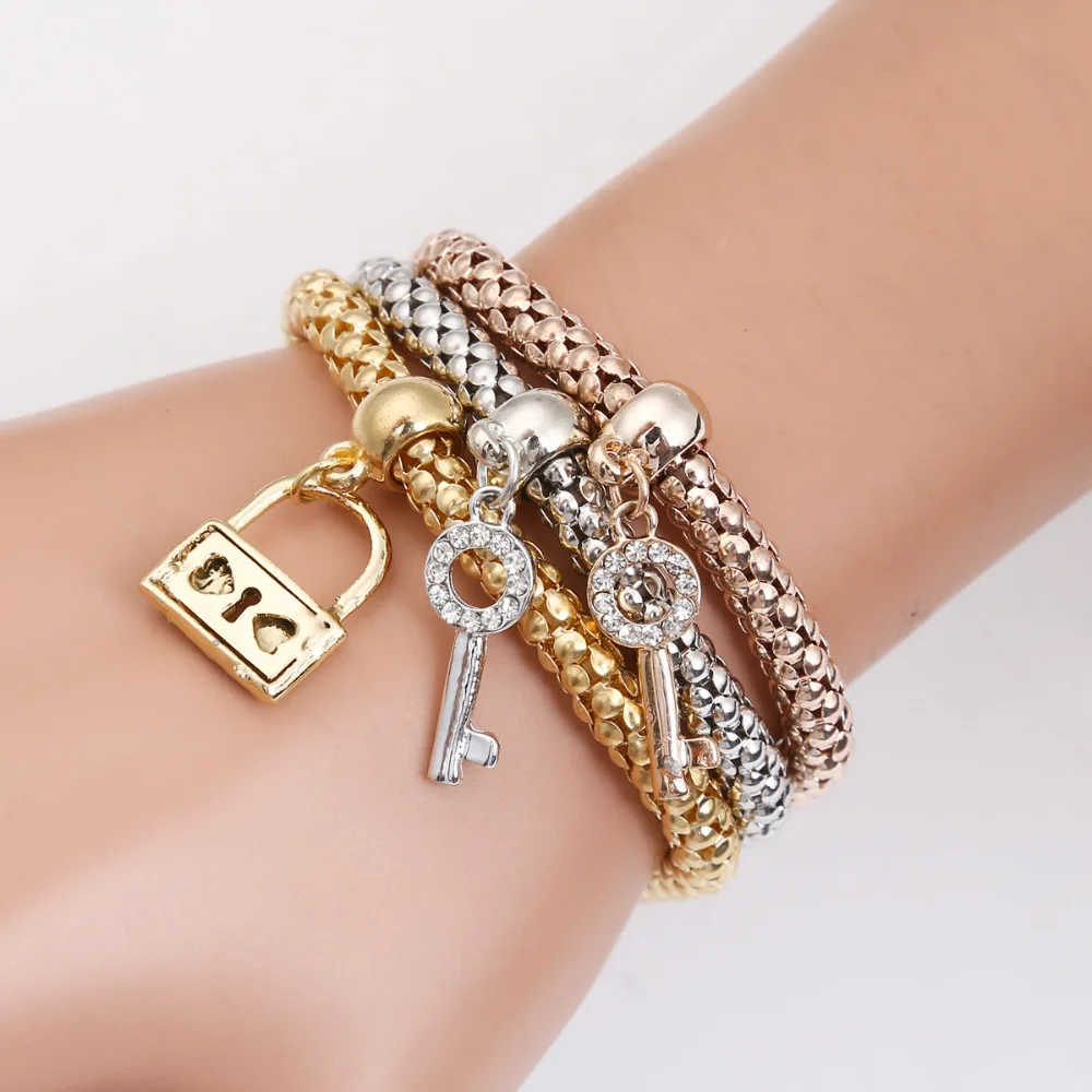 New Alloy Crystal Elastic Bracelet for Women Multi Layer Gold Key Lock