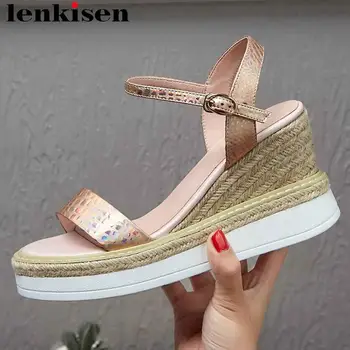 

Lenkisen concise style buckle strap straw decoration wedges platform high heels cow leather summer vocation increased shoes L99