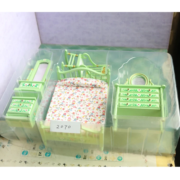 A02-X023 الأطفال طفل هدية لعبة 1:12 دمية مصغرة الأثاث مصغرة rement خشبية الأخضر نوم مجموعة