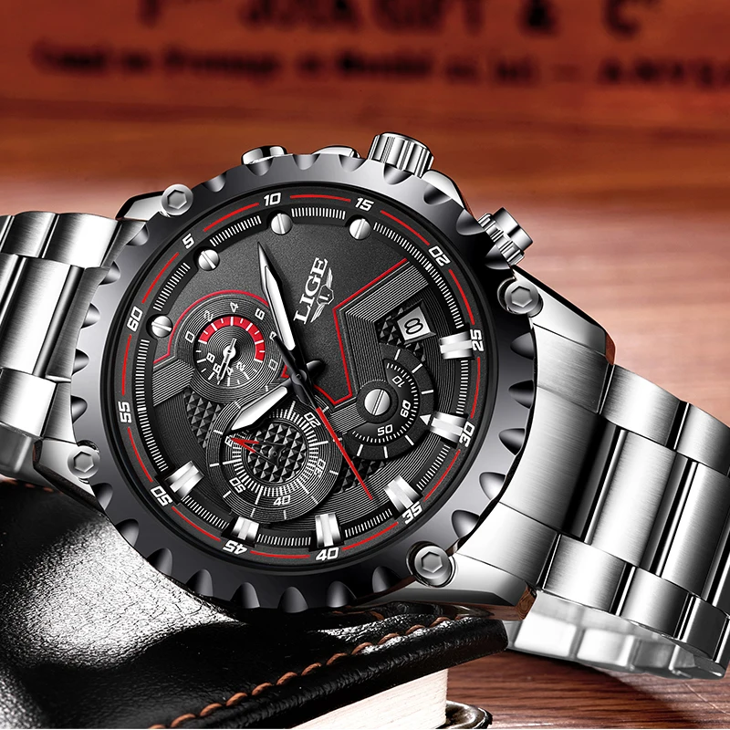 LIGE New Top Luxury Brand Mens Watches Military Sport Waterproof Quartz Watch Men Full Steel Black