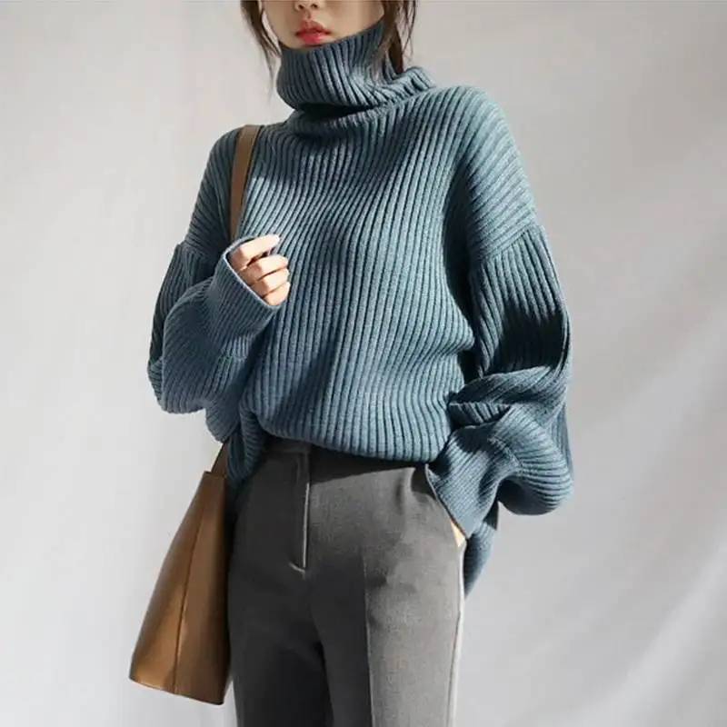 

pull femme hiver turtleneck sweater women Knitted Lantern Sleeve stripe pullover Europe style lady Thick sweaters Korean clothes