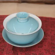 Уникальный "Китайский кун-фу" чай, гайвань ручная роспись белый фарфор контур в золотой Комплект синего цвета gai wan для чай улун соответствующий основным требованиям директив ЕС