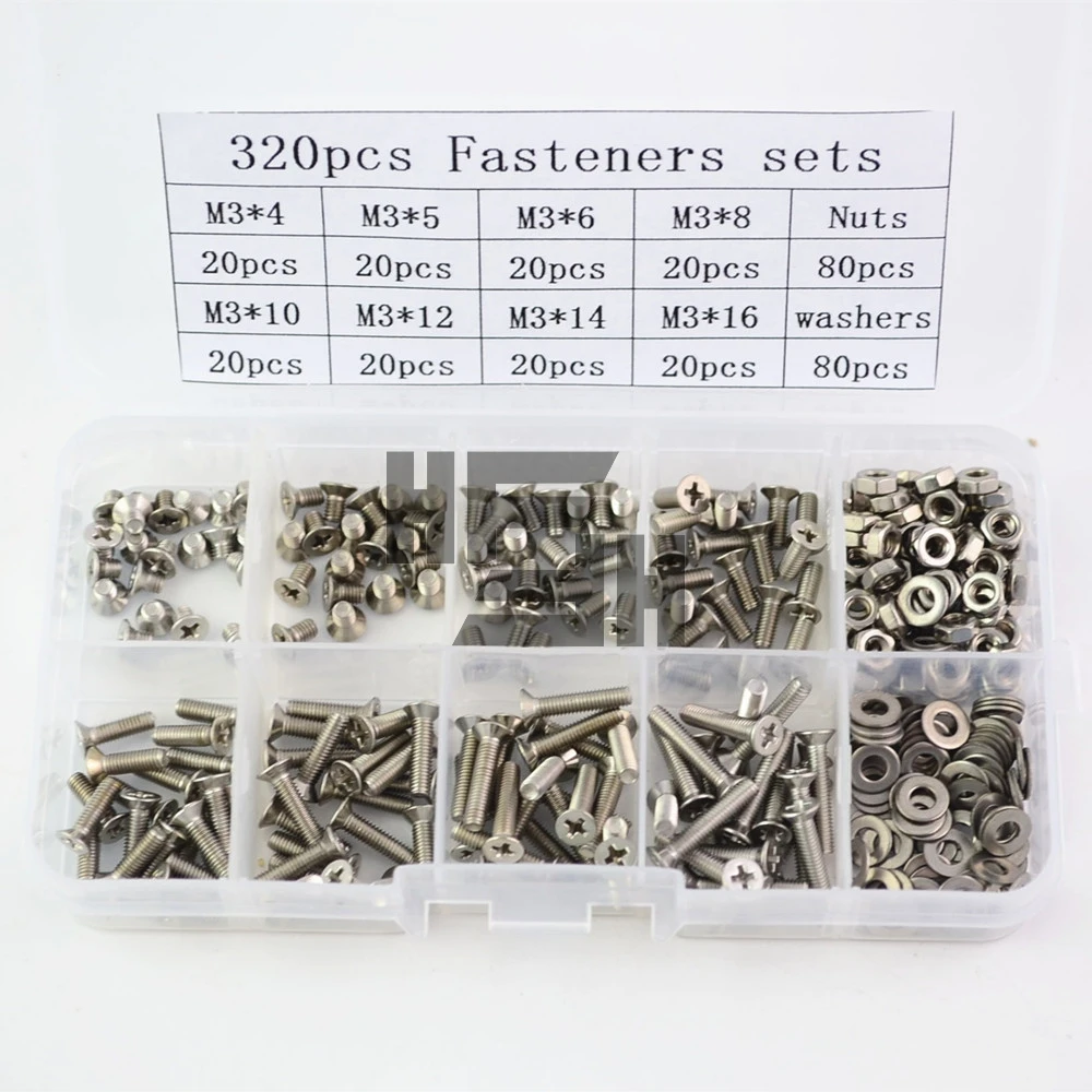 

320Pcs/lot M2 M2.5 M3 DIN965 304 stainless steel flat wood stainless steel countersunk head machine screw configuration kit