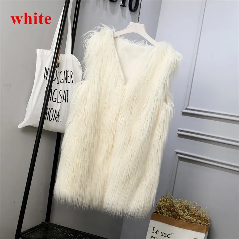 Большой размер XXXL, длинный женский жилет из искусственного меха,, шикарный, Осень-зима, пушистый, без рукавов, меховые куртки, пальто, утолщенная теплая верхняя одежда - Цвет: white faux fur vest