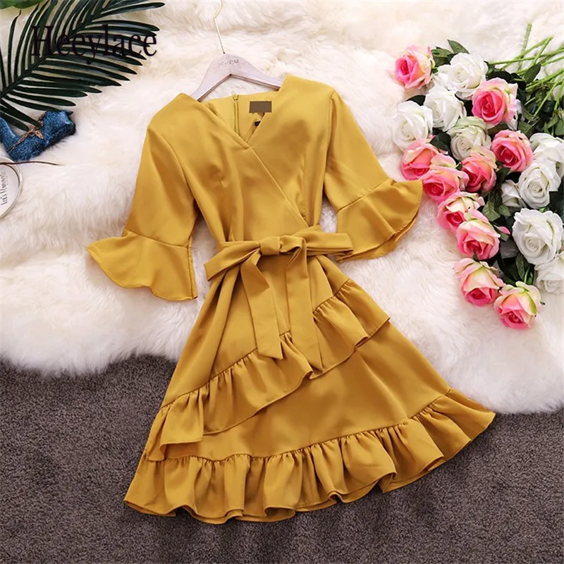 

high quality Summer A-line Chiffon Ruffle Dress women short flare sleeve solid sundress Korean Bow elegant casual office dress