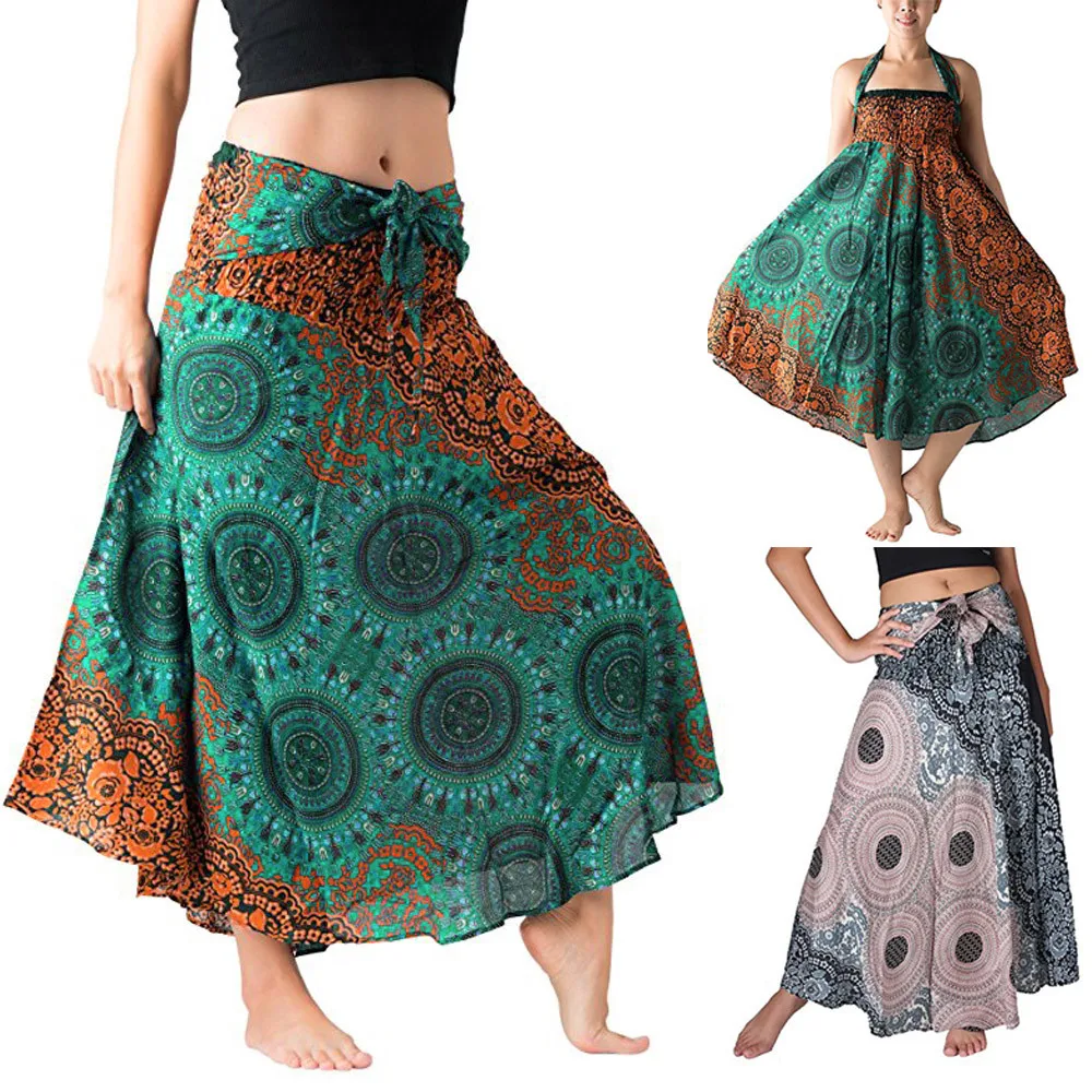 

2019 Asymmetrical Ethnic Print Elastic Waist Skirt Women Long Hippie Bohemian Gypsy Boho Flowers Elastic Floral Hlater Skirt #C