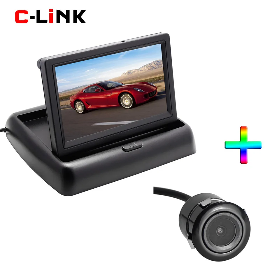 

Rear View Backup Camera With High Resolution 4.3" Color TFT LCD Folding Monitors 2 Way Video Input Car Parking Assistance